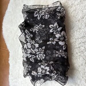 Floral Chiffon Scarf Black White Sheer Lightweight Botanical Print Rectangle